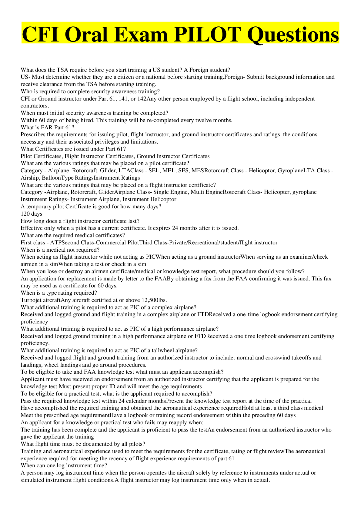 Preview image for CFI Oral Exam PILOT Questions